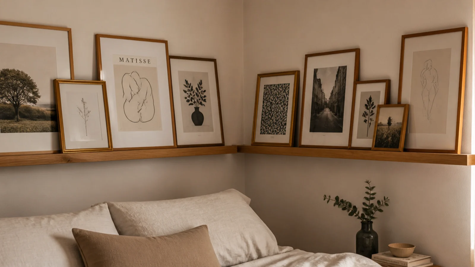 picture ledge wrapping a bedroom corner with leaning framed prints