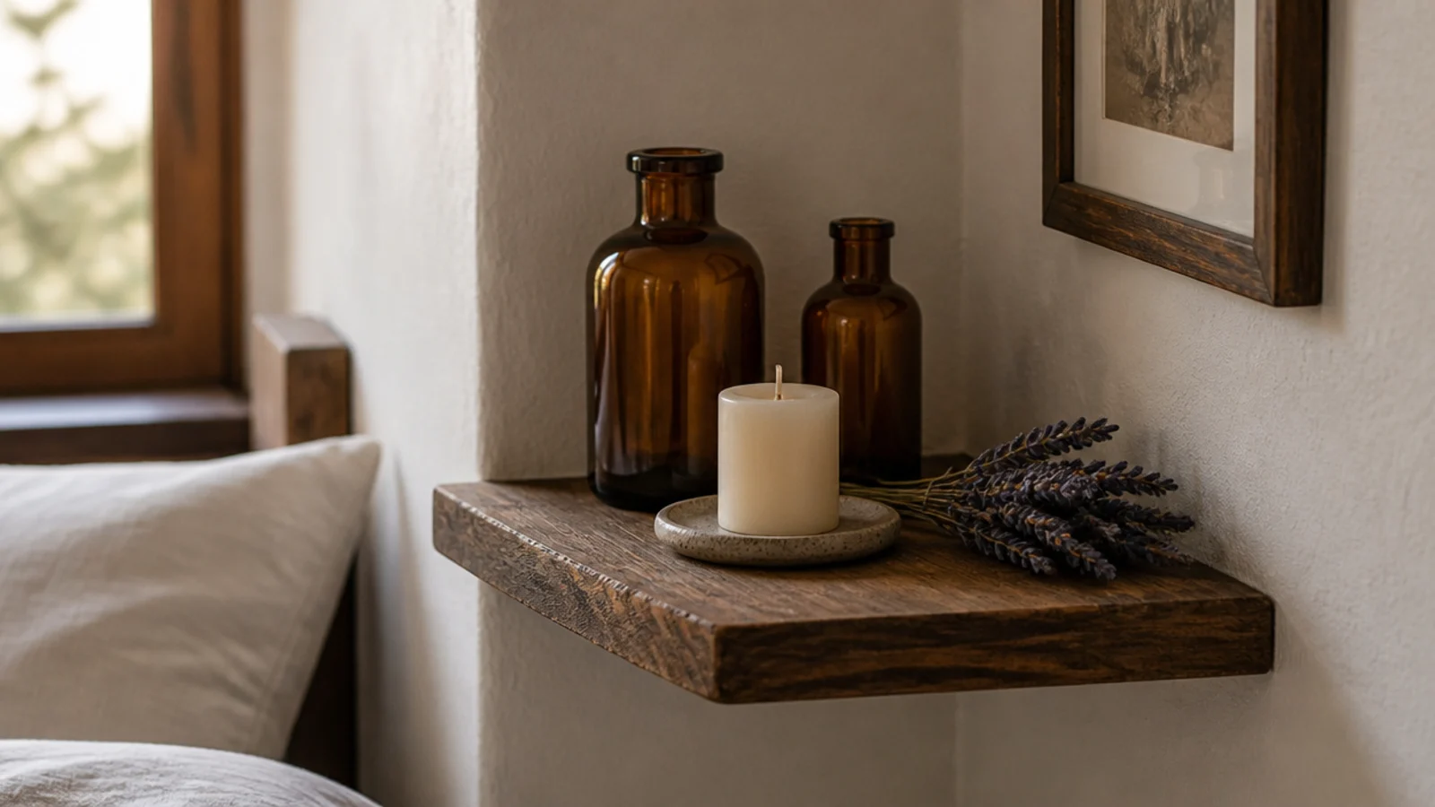 small corner shelf holding amber bottles and an unlit ivory candle