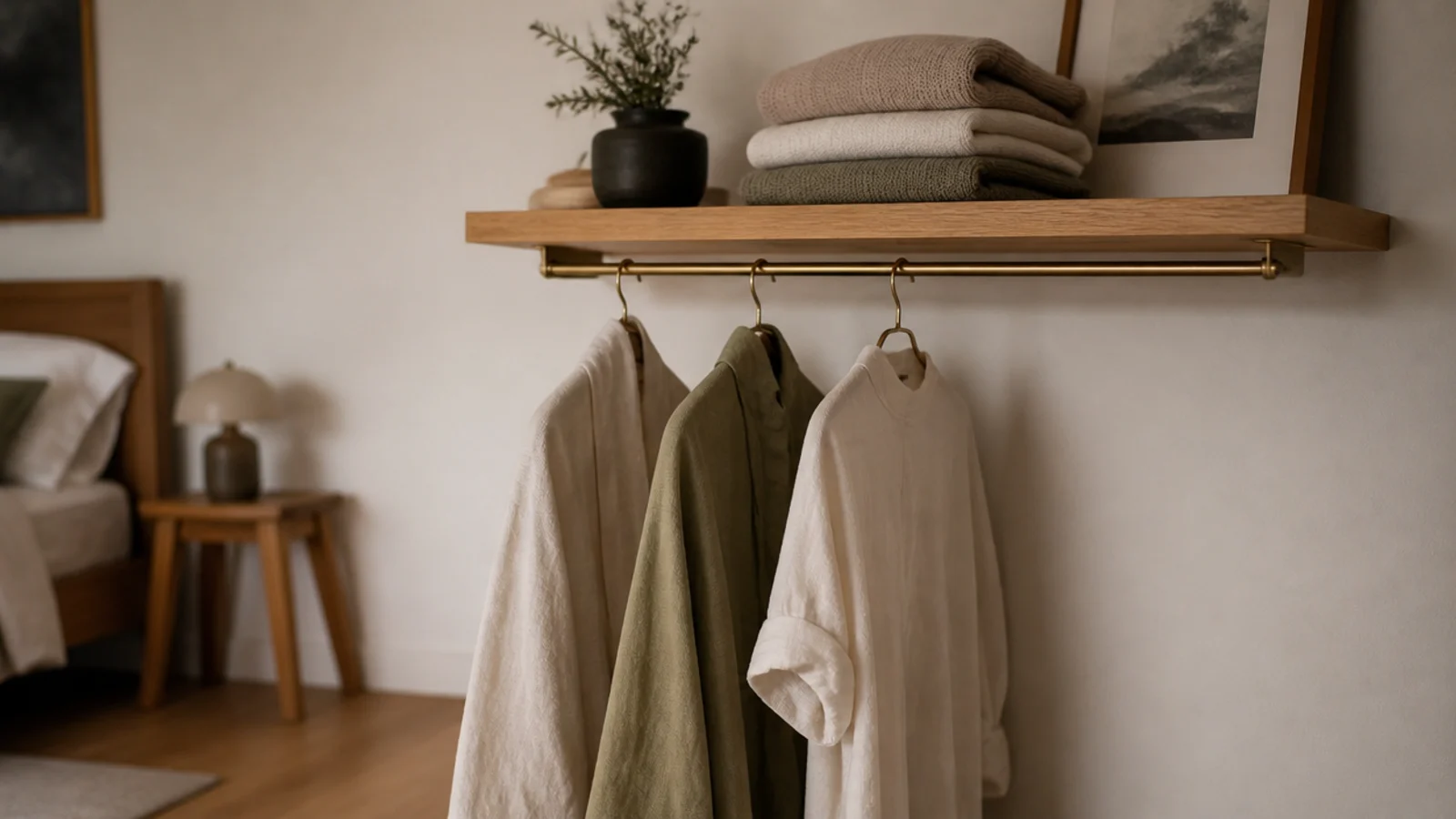 wooden corner shelf with a rail underneath holding hanging garments