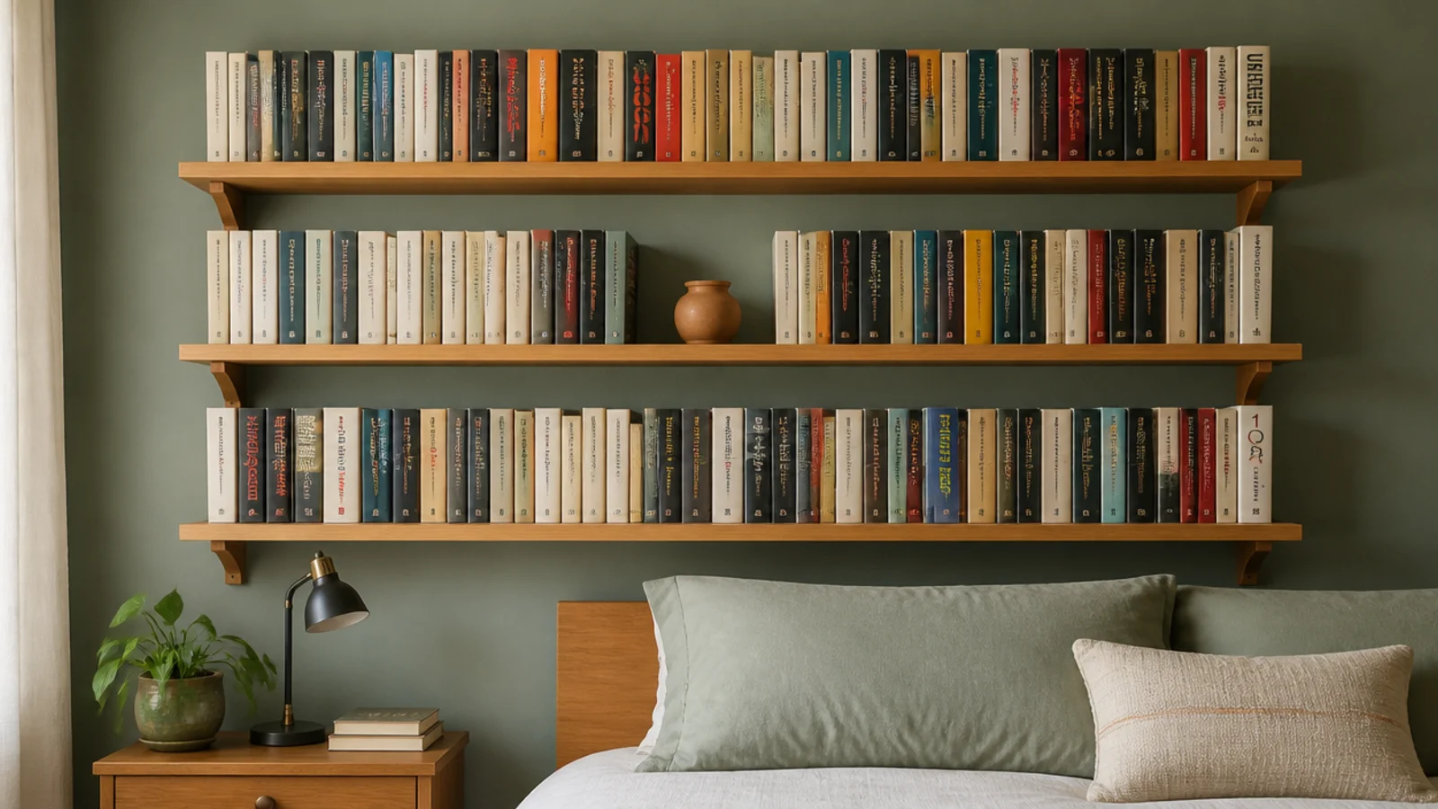 three closely spaced corner shelves filled with paperbacks beside a bed