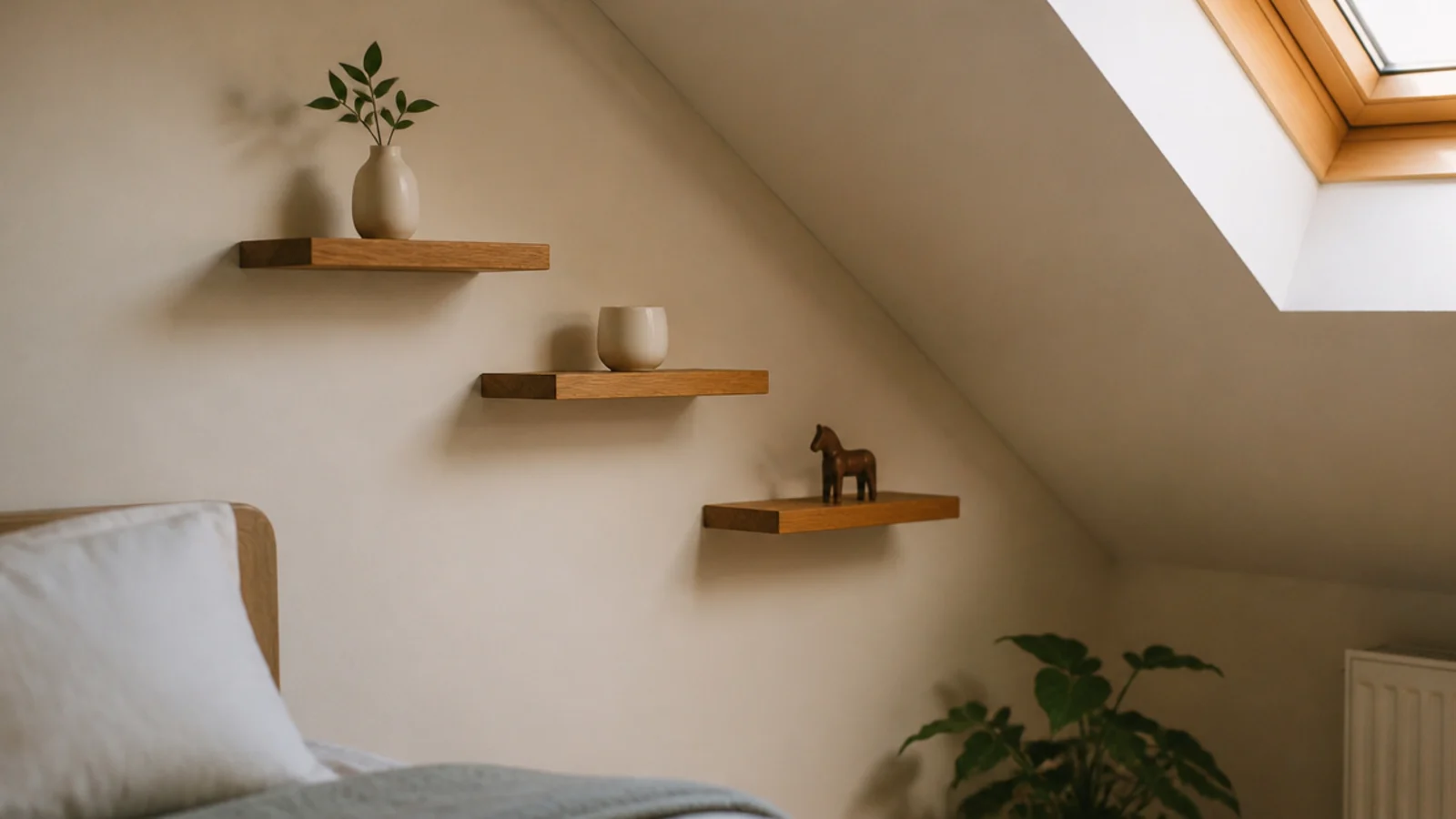 corner shelves stepping down to follow a sloped attic bedroom ceiling