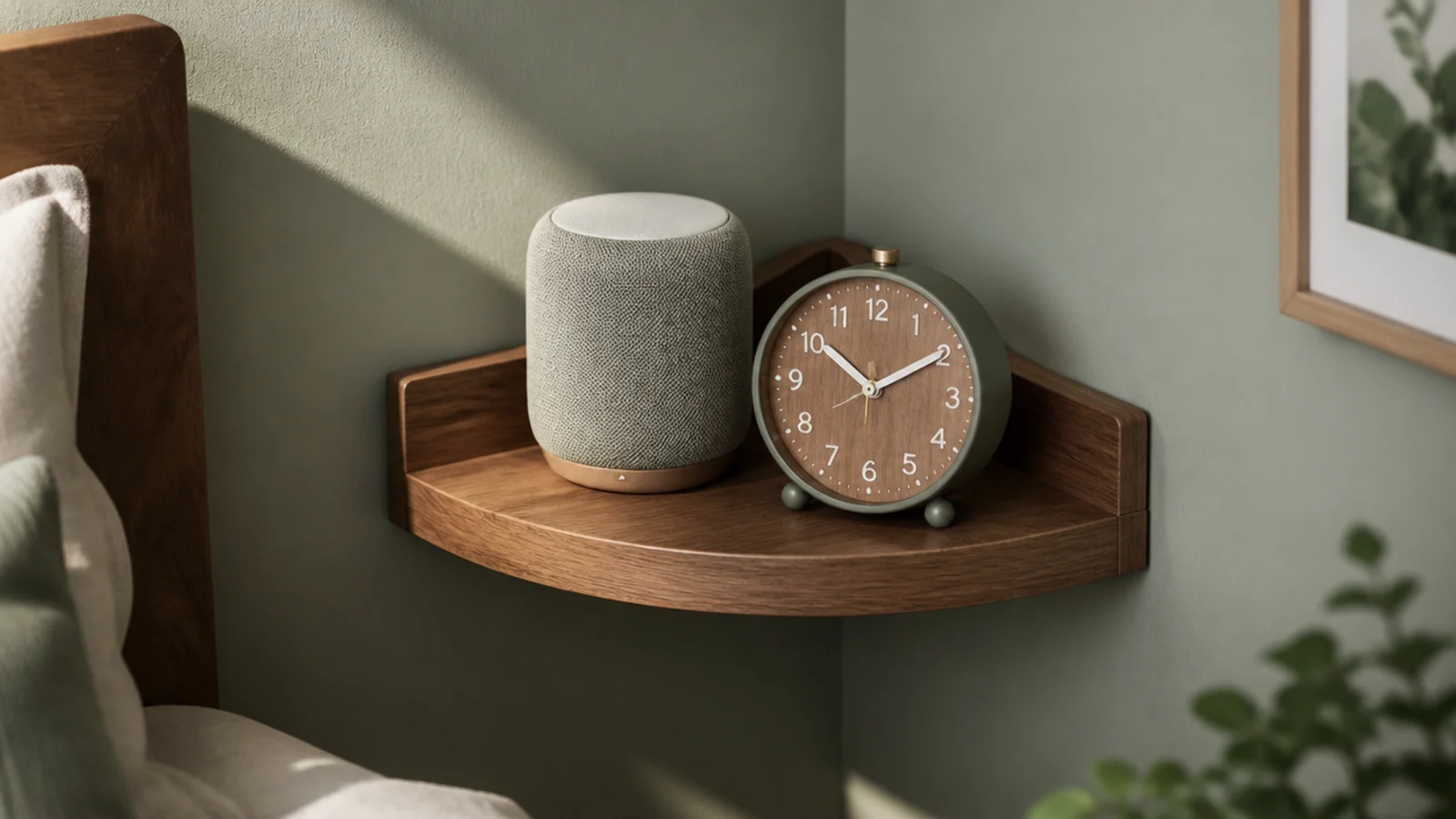 small corner shelf holding a compact speaker and a simple analog clock