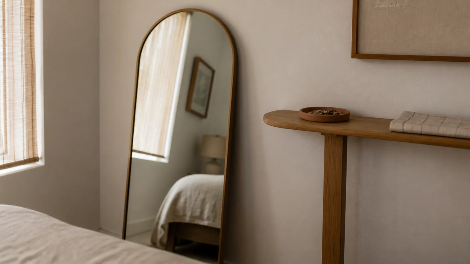 narrow corner shelf beside a leaning bedroom mirror holding a clay tray