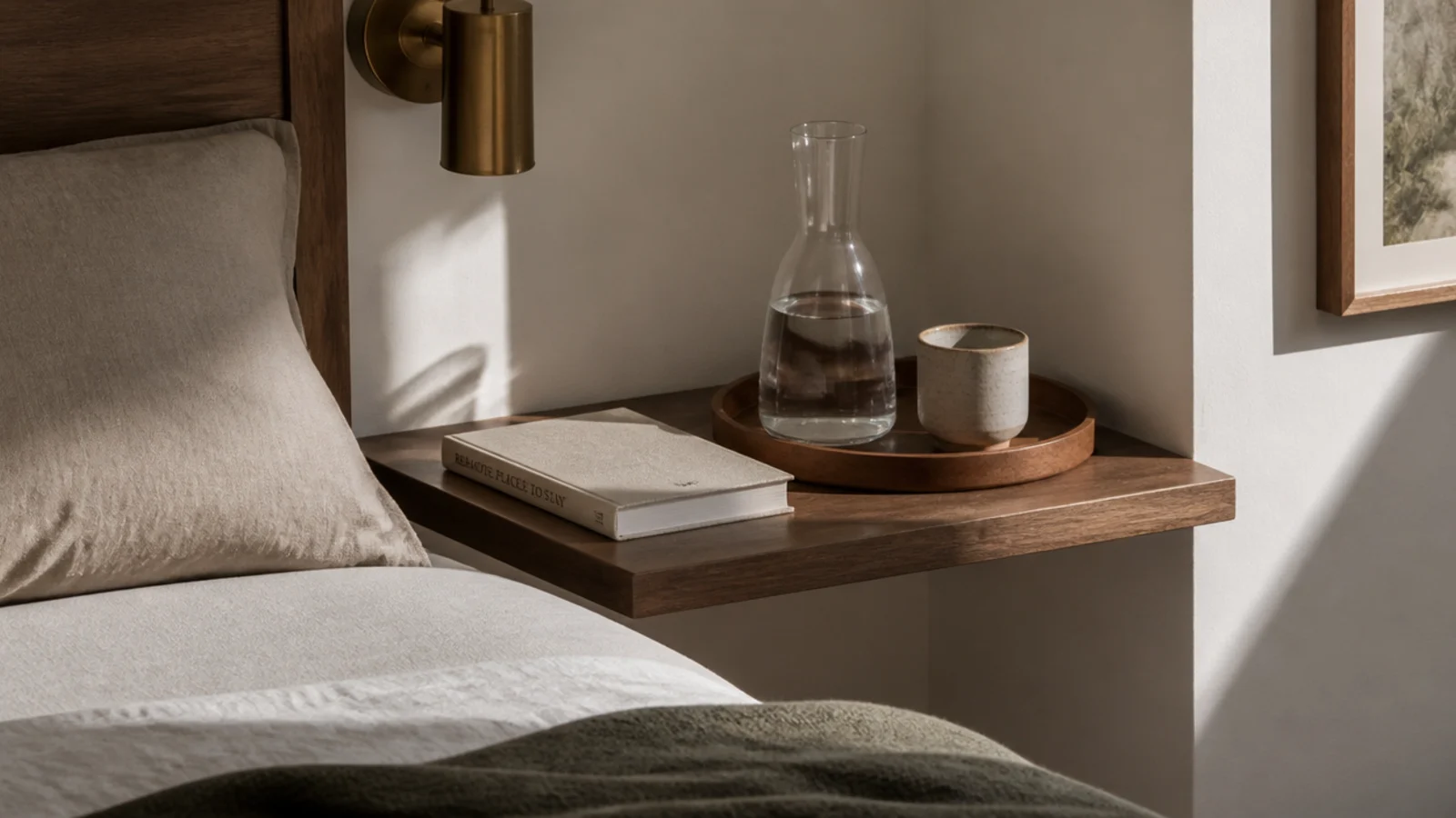 corner shelf holding a small tray with a carafe and stoneware cup