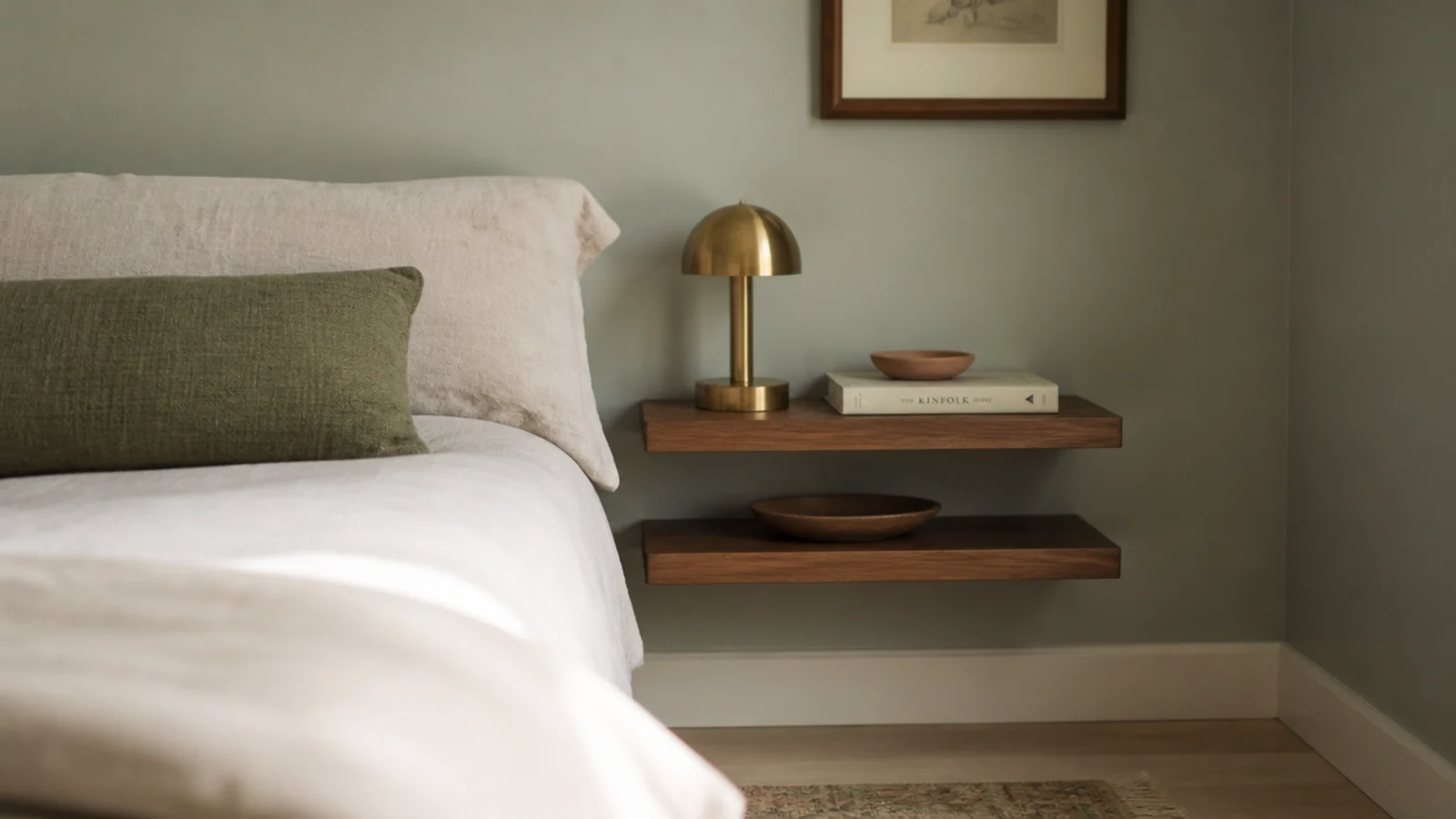 cozy bedroom corner shelf ideas with floating walnut shelves beside a linen bed