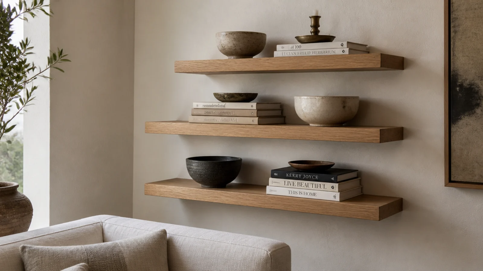 three tier solid oak floating corner shelf set styled with pottery and books