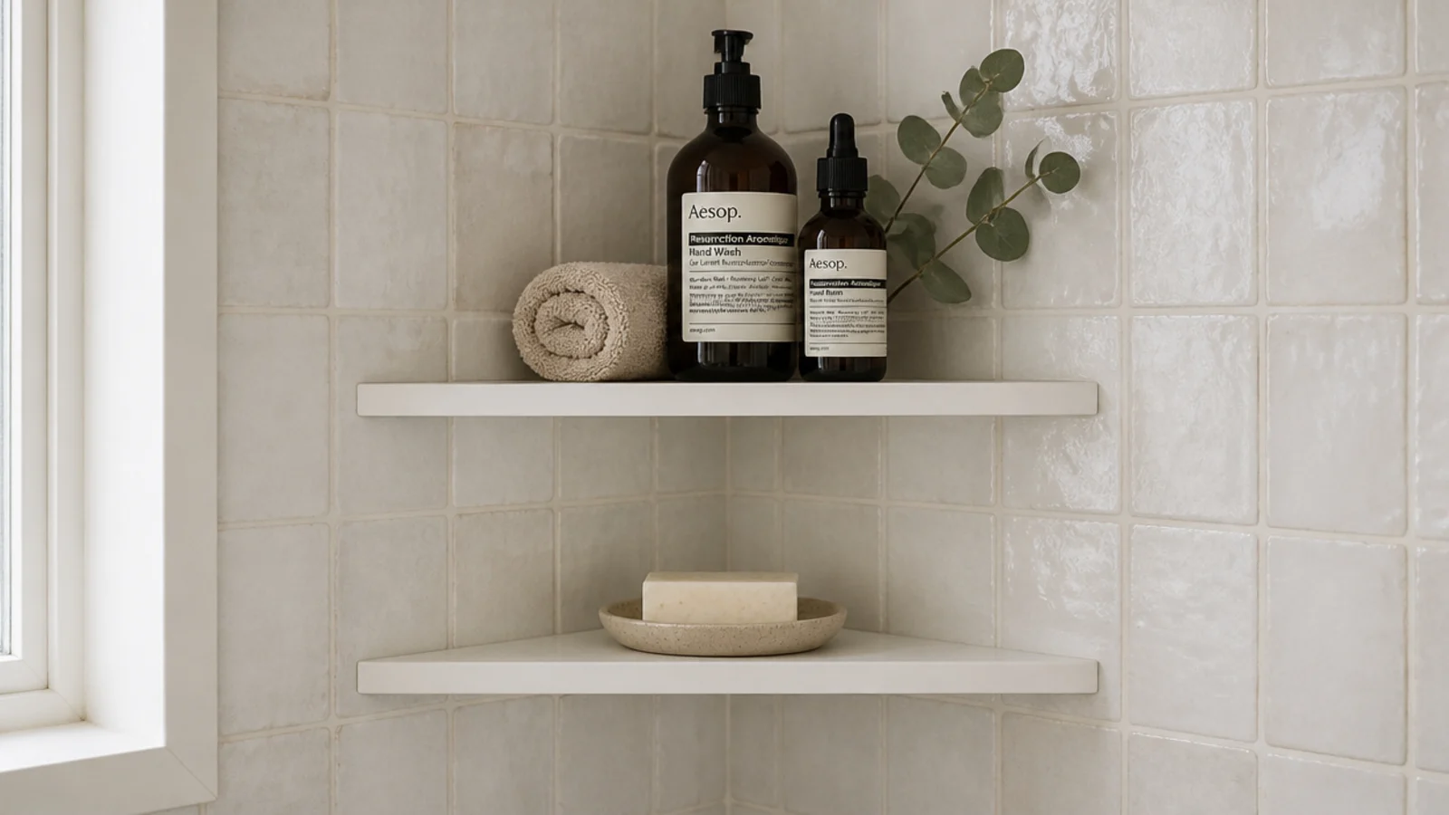 slim white five inch bathroom corner shelf holding towels and amber bottles