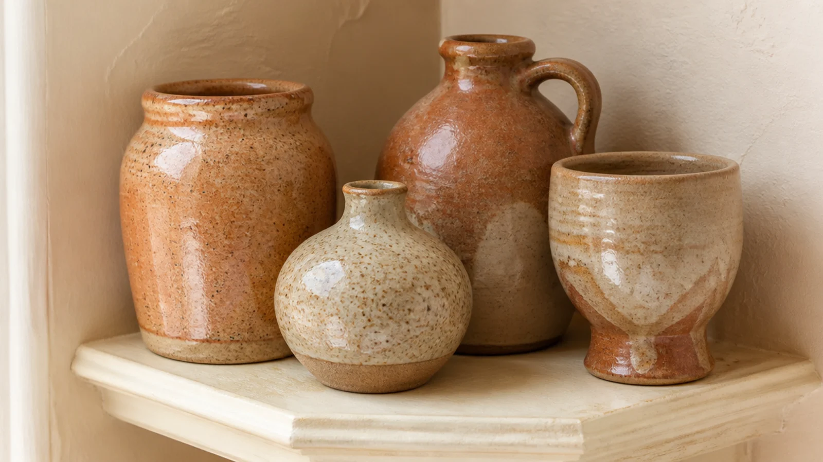 thrifted stoneware vessels in matching clay tones on a small corner shelf