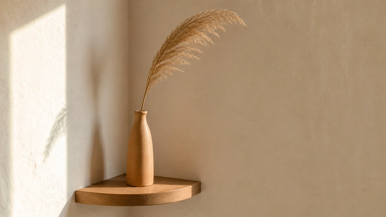 single tall dried grass stem in a slim clay bottle on a corner shelf