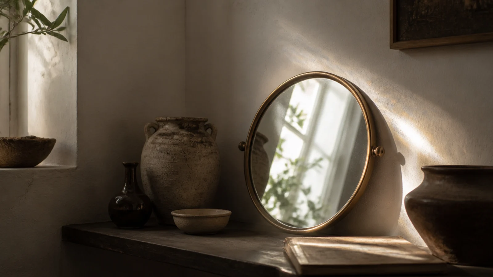 small round mirror propped on a corner shelf reflecting window light