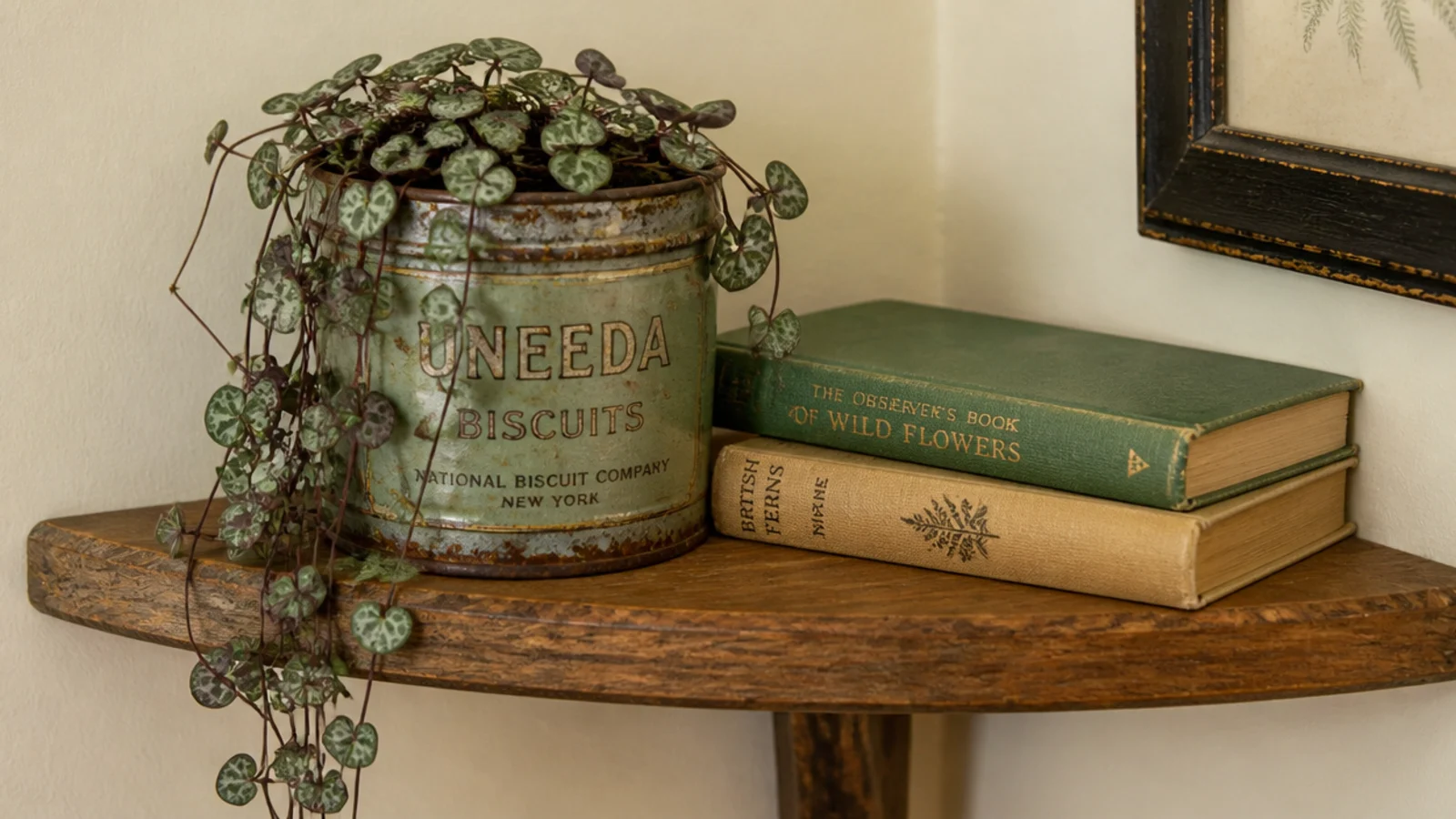 small worn vintage tin holding a trailing plant on a corner shelf