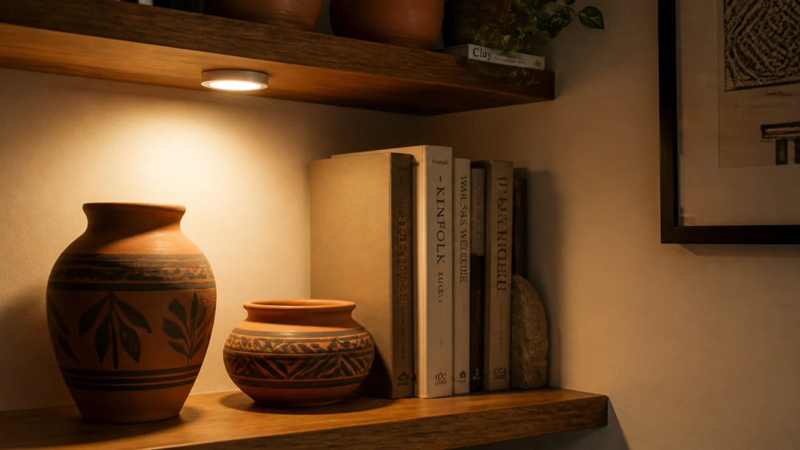 warm battery puck light under a corner shelf lighting pottery below