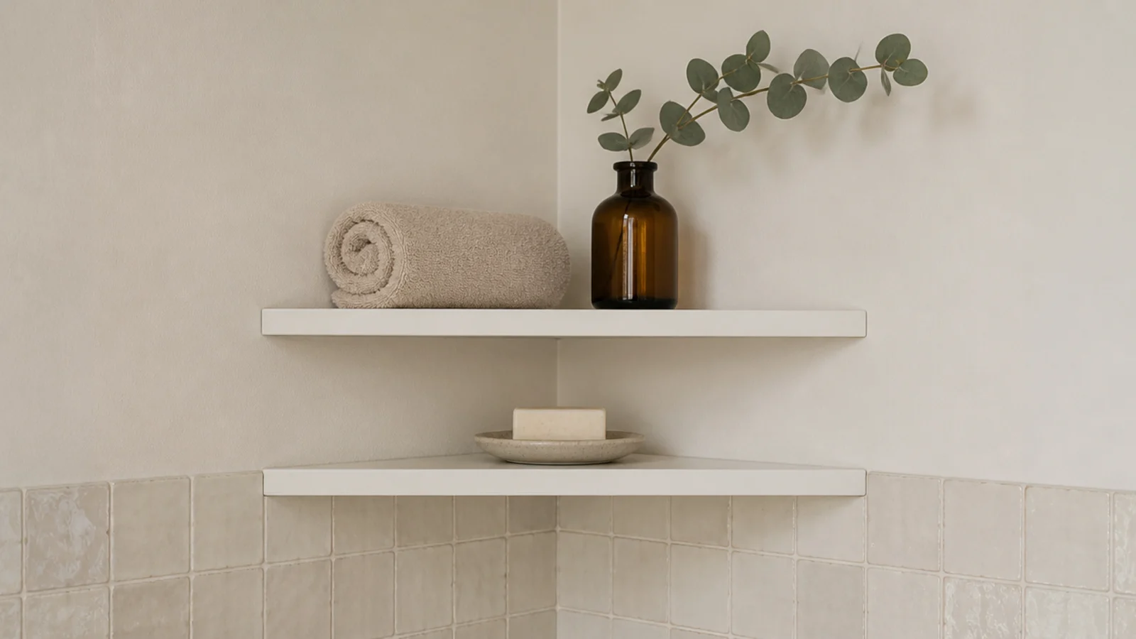narrow white corner shelf in a bathroom holding a rolled towel and soap