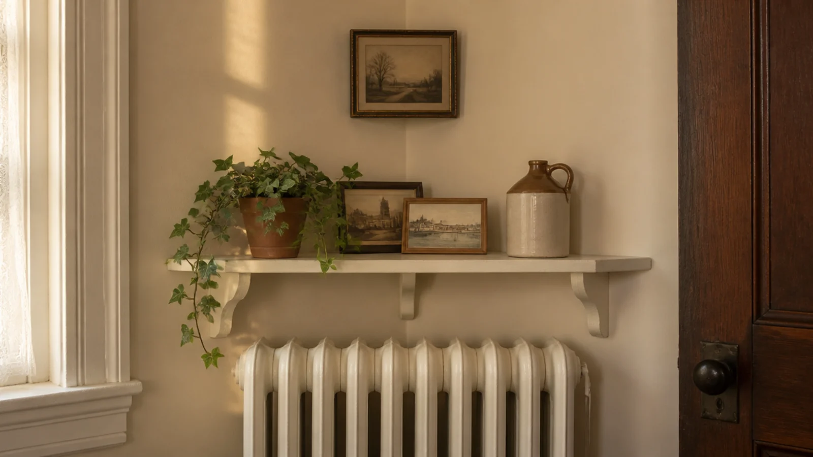 painted corner shelf mounted above a radiator holding a plant and small frames