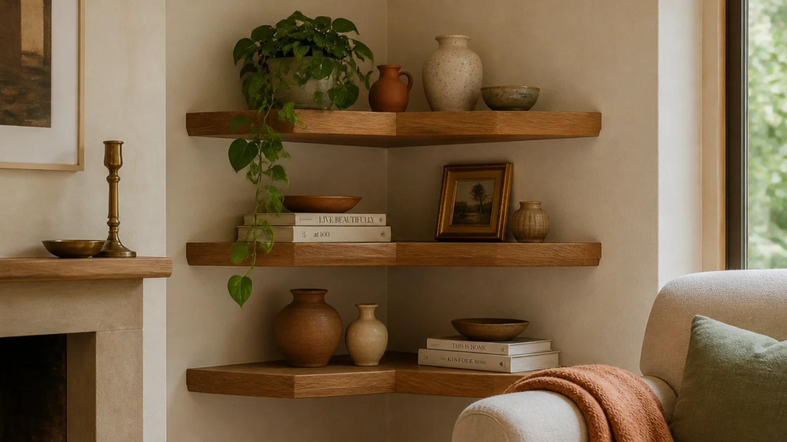 warm oak floating corner shelves styled with ceramics and a trailing plant