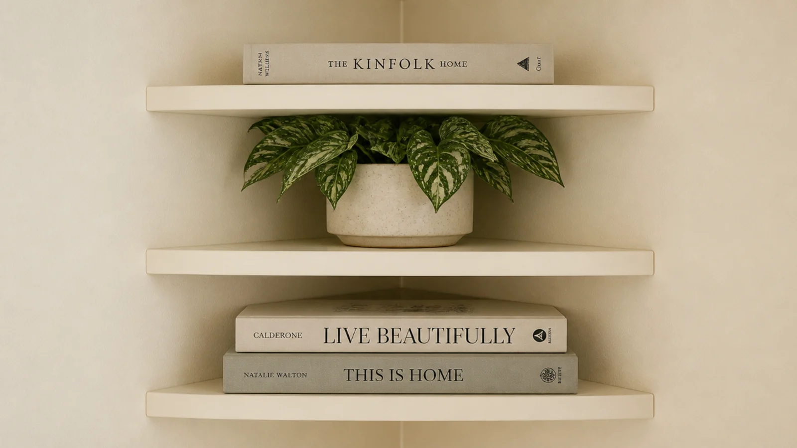 corner shelves spaced too tightly with books lying flat instead of upright