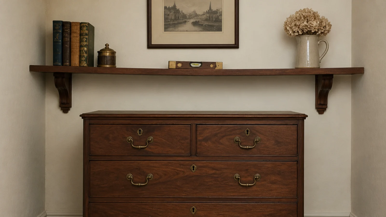 corner shelf sitting visibly out of line with a nearby chest of drawers