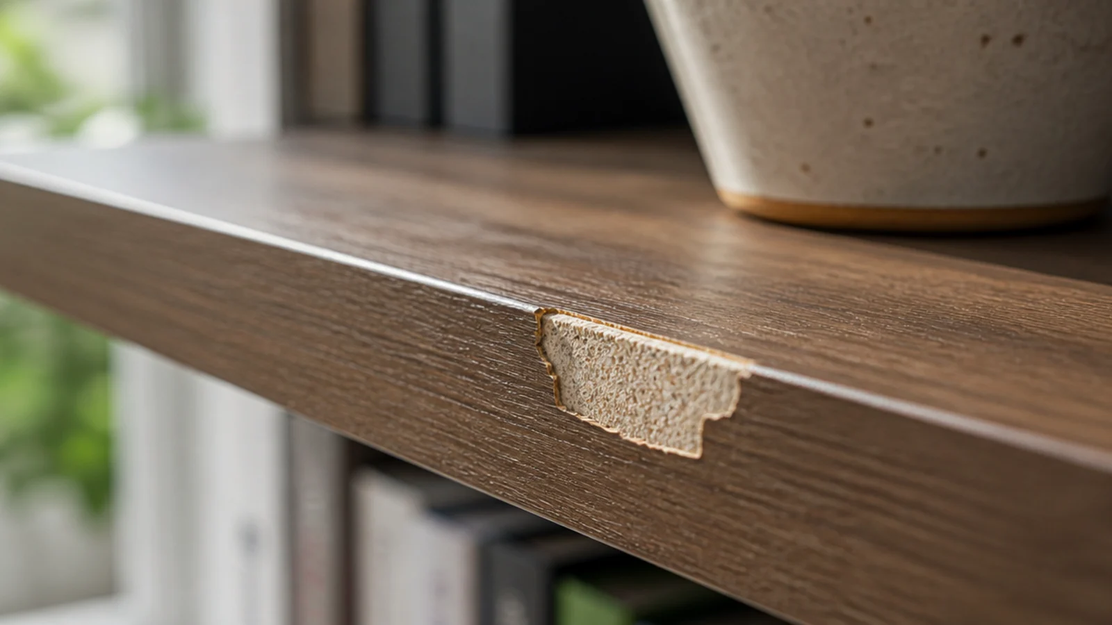 chipped veneer edge on a cheap corner shelf showing particle board beneath