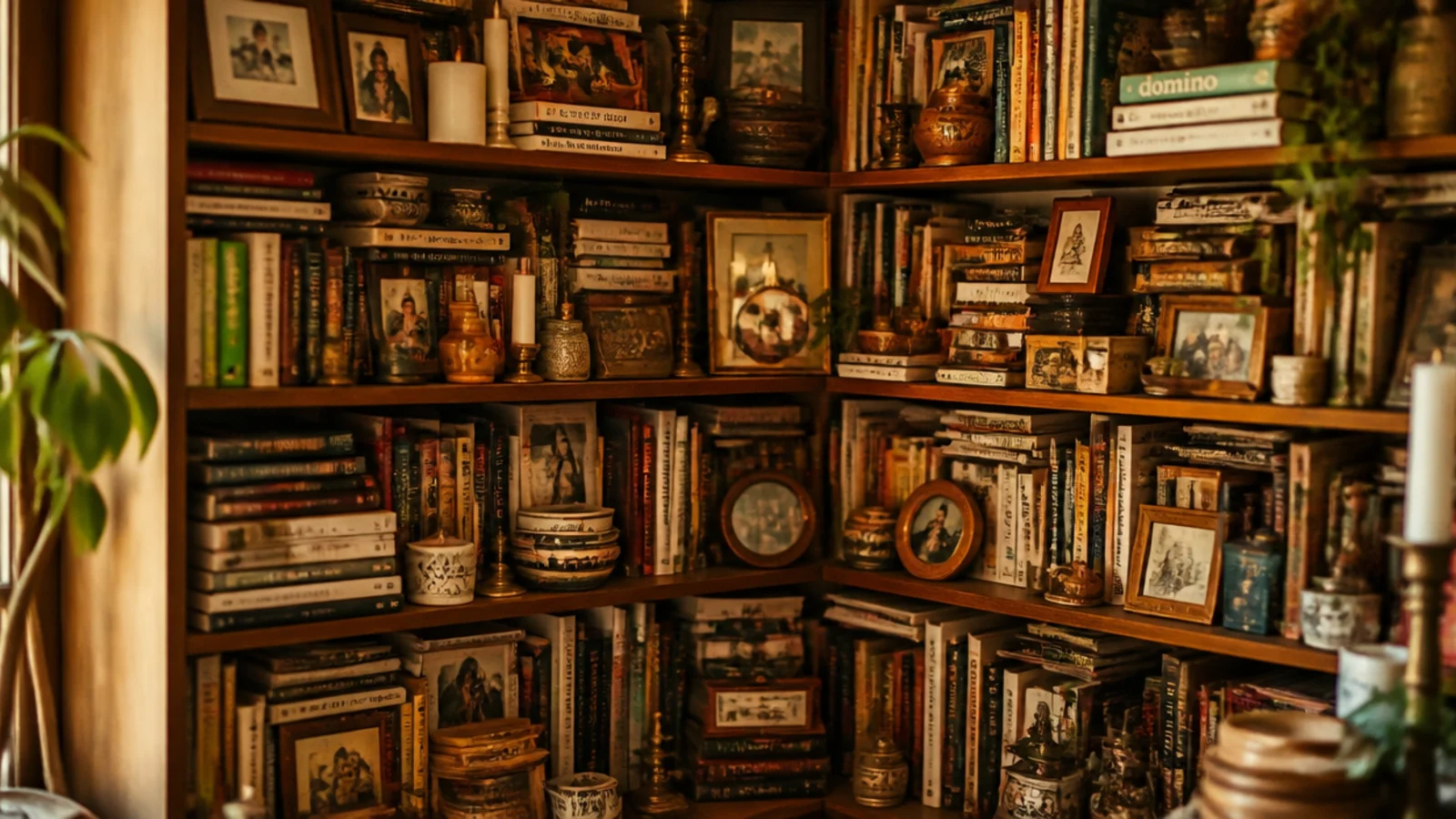 overfilled corner shelves crammed with books frames and small objects
