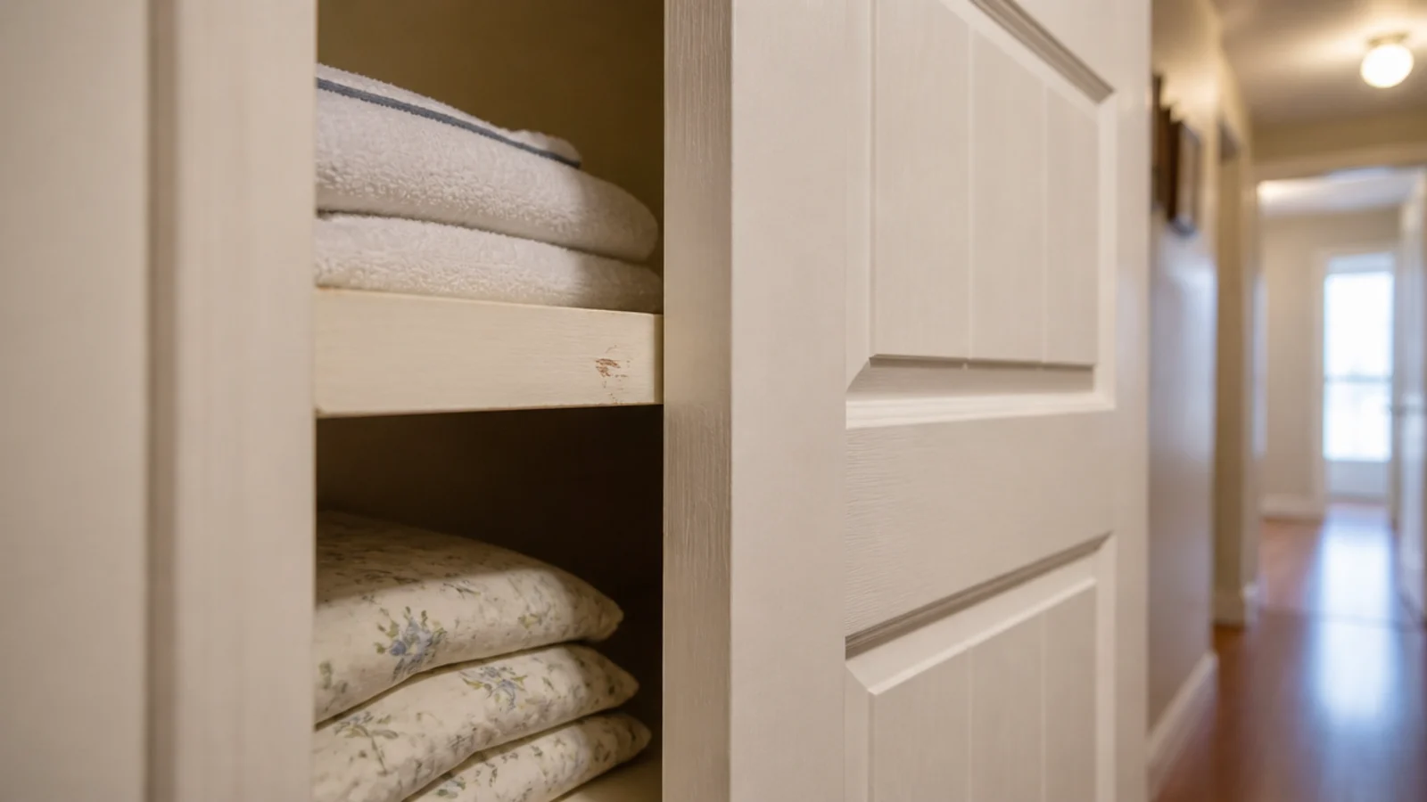 open door pressing against the front edge of a behind-door corner shelf