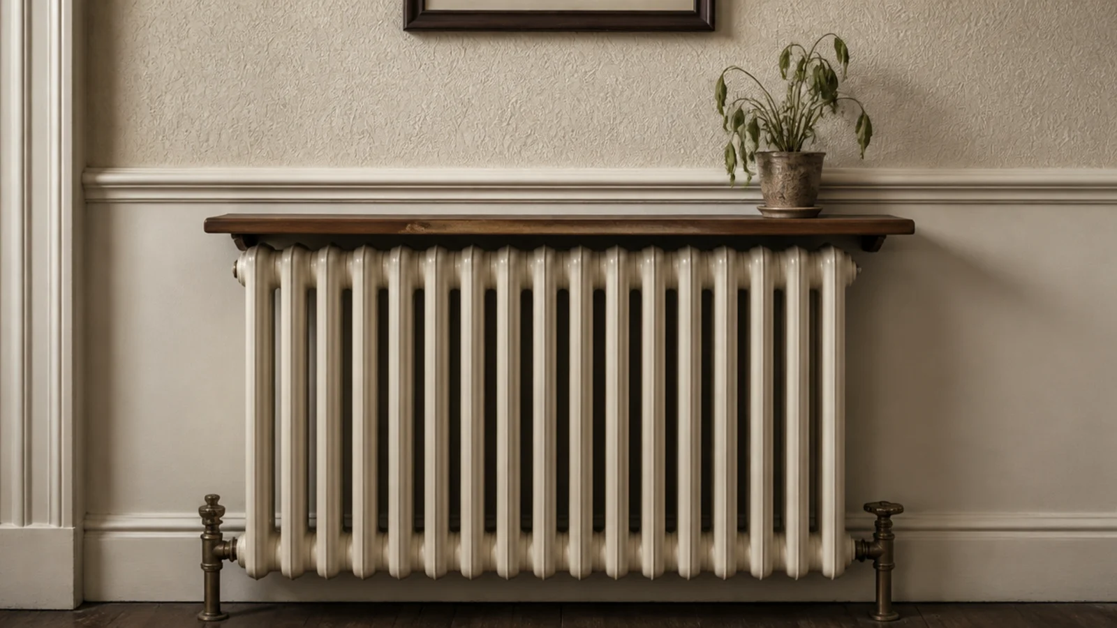 wooden shelf mounted directly above a radiator with lifting laminate edge