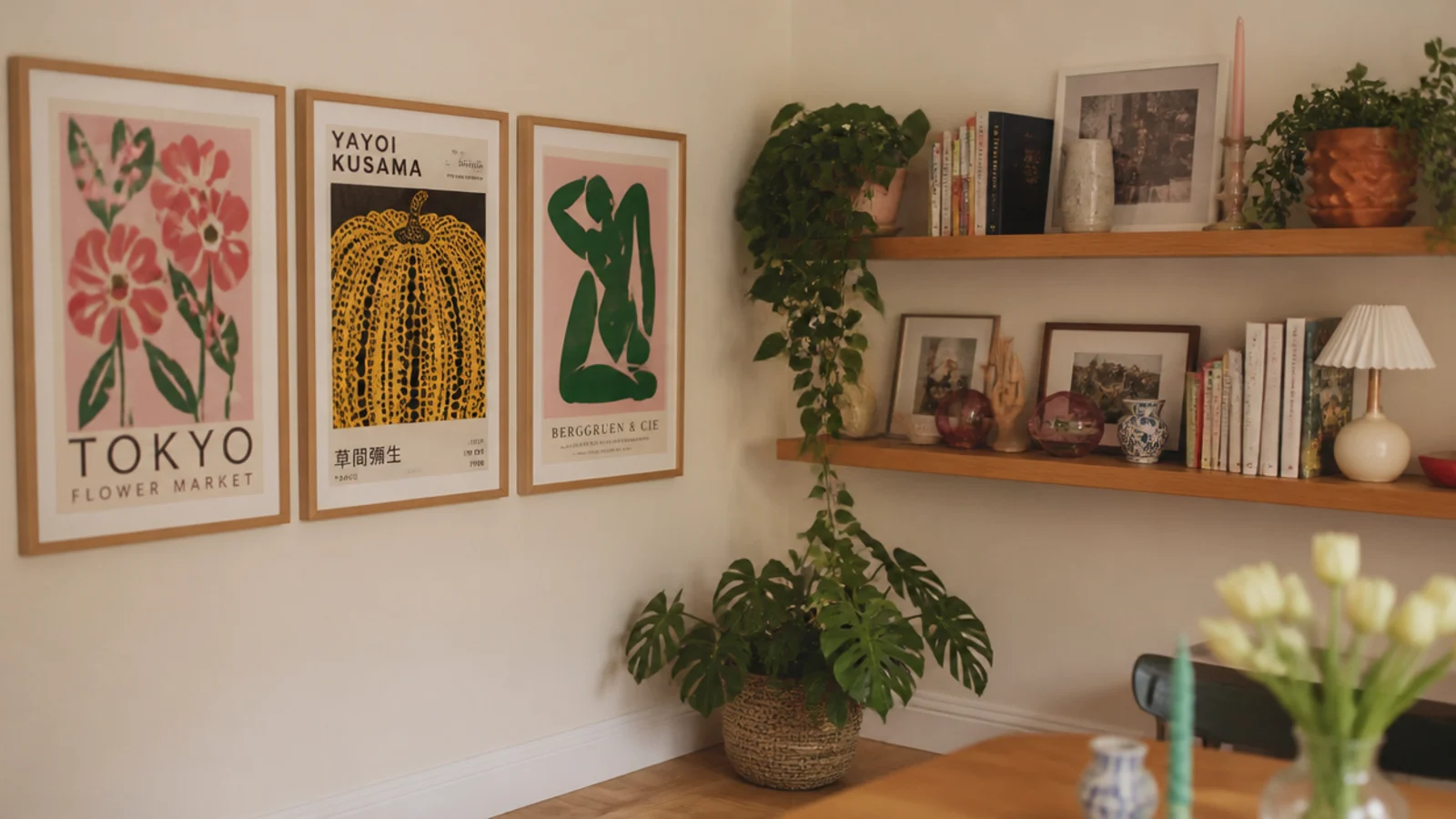 corner wall crowded with both framed art and full shelving competing