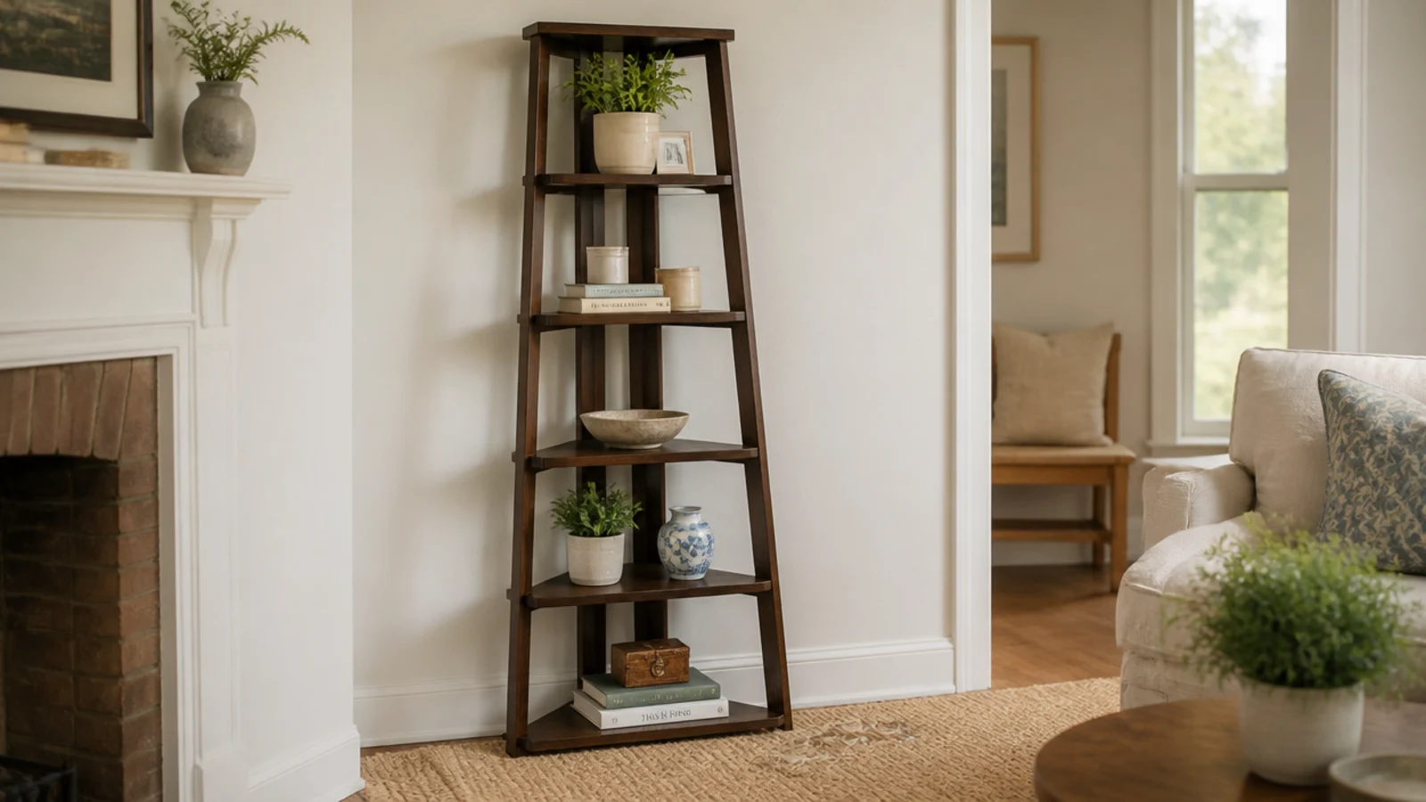 tall freestanding corner shelf unit leaning slightly away from the wall