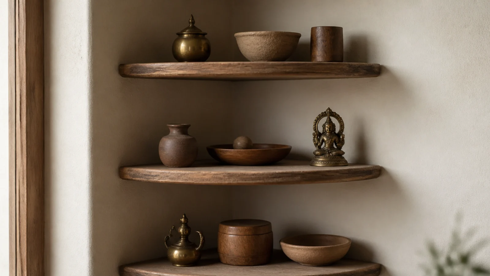 three brass objects repeated at spaced intervals across corner shelves