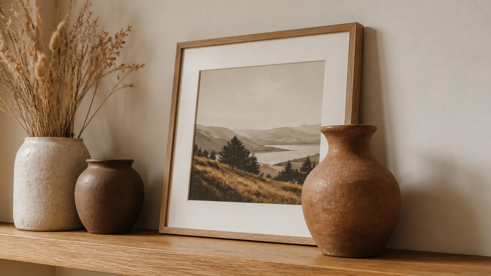 framed print leaning behind two clay vessels creating layered depth