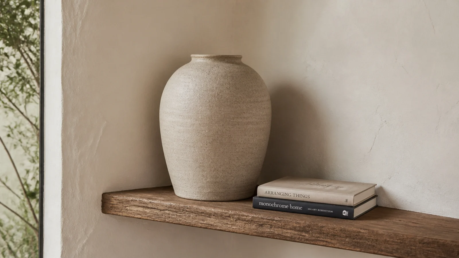 single oversized stoneware vessel anchoring a corner shelf display