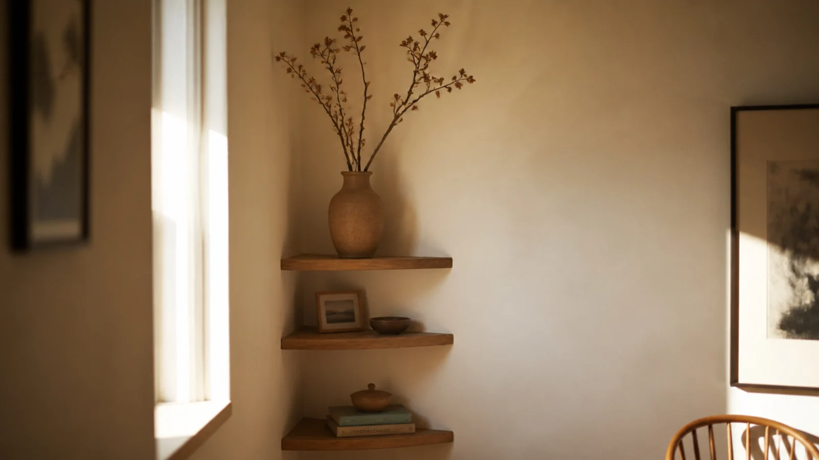 tall dried branch rising above the top shelf line in a corner