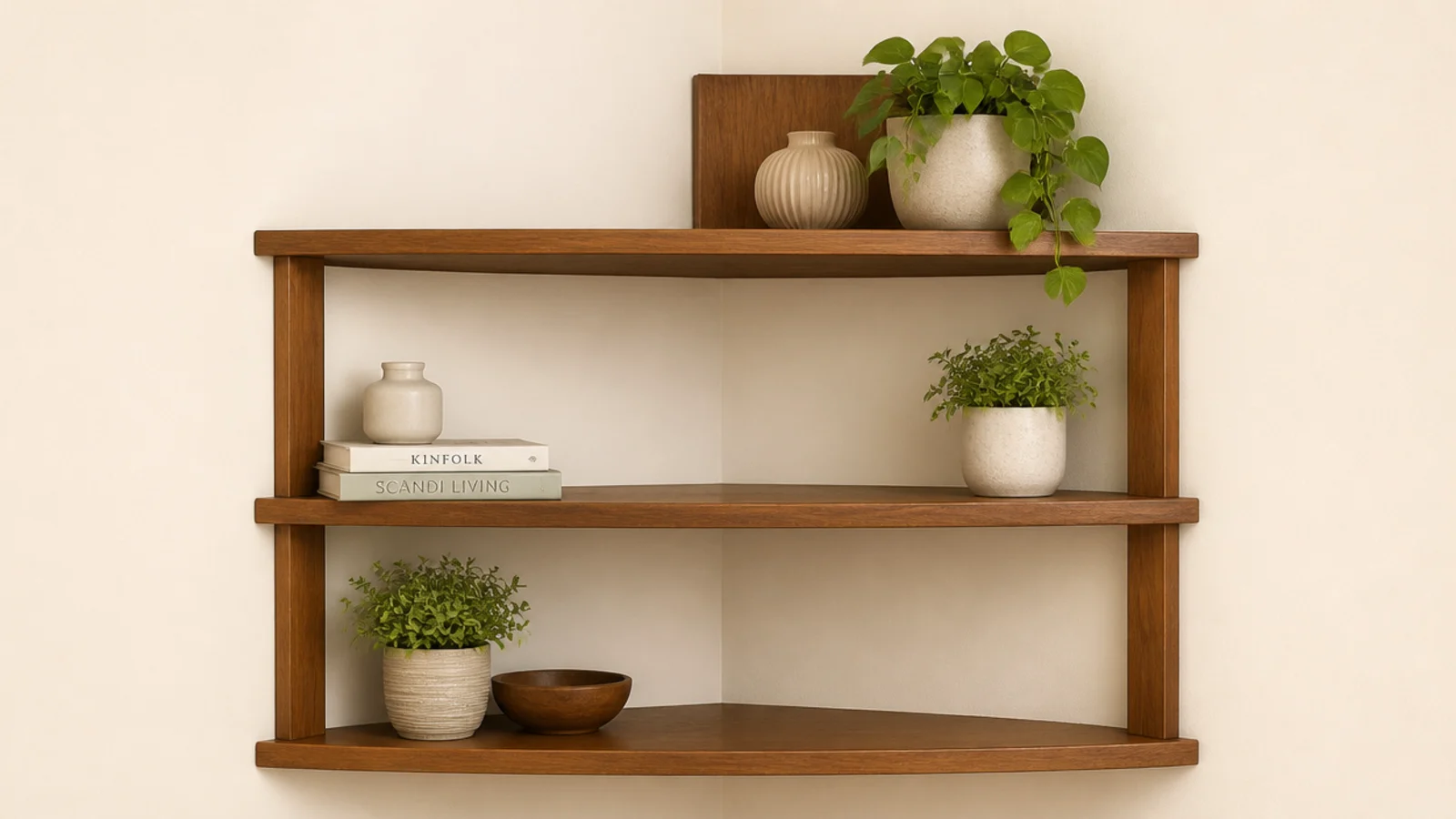 corner shelves where the empty gaps step diagonally down the stack