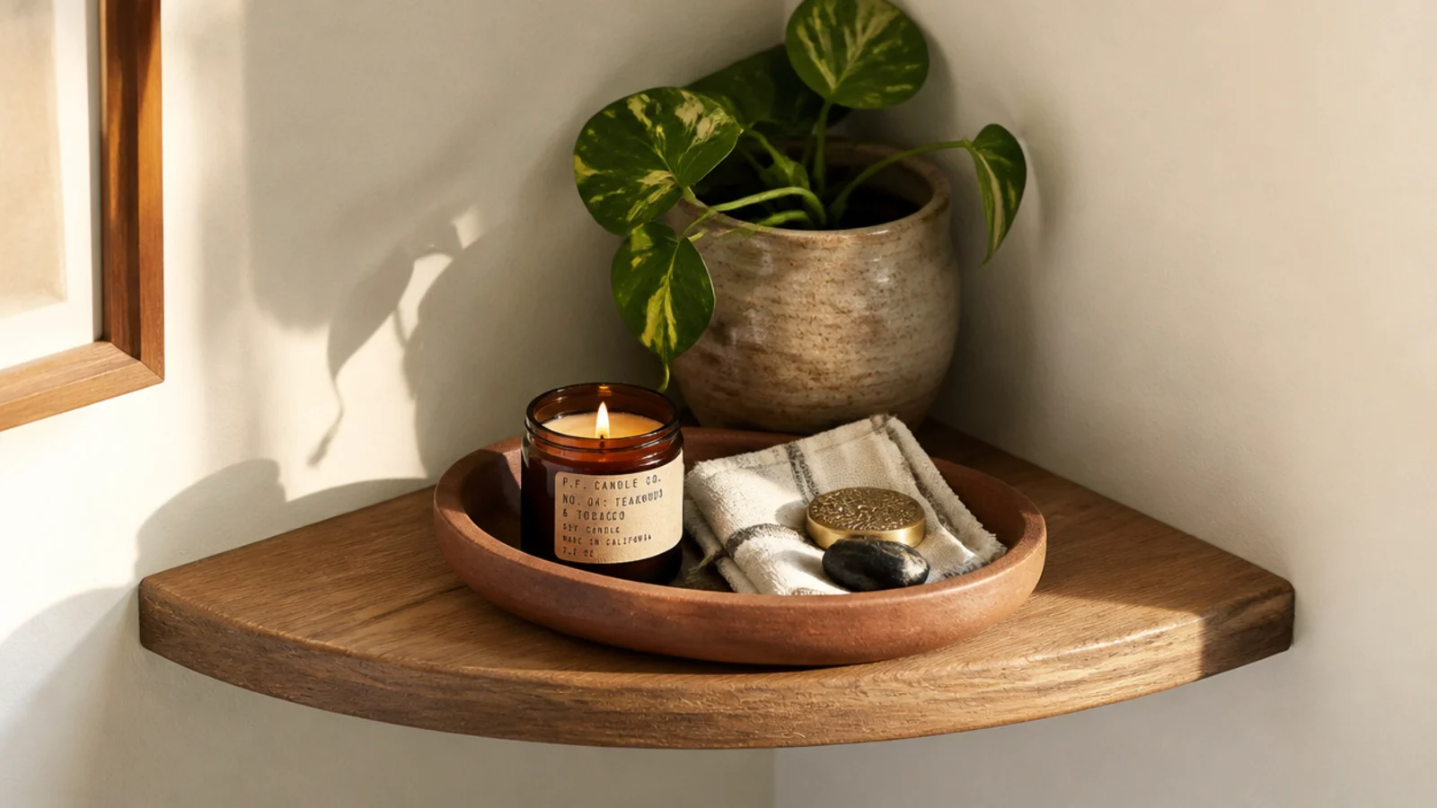 small items gathered onto a round clay tray on a corner shelf