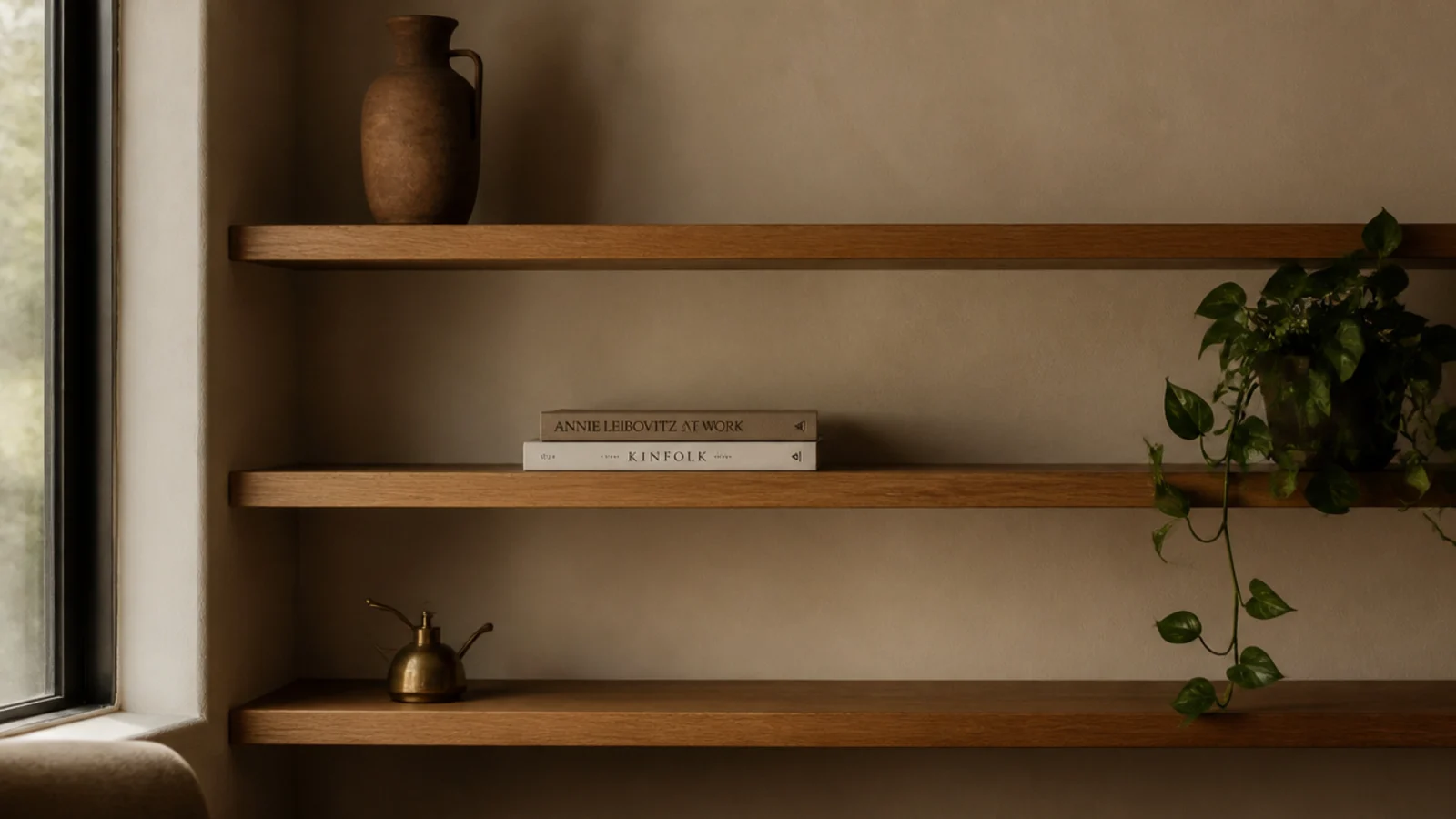 corner shelf styling with objects at varied heights textures and empty space