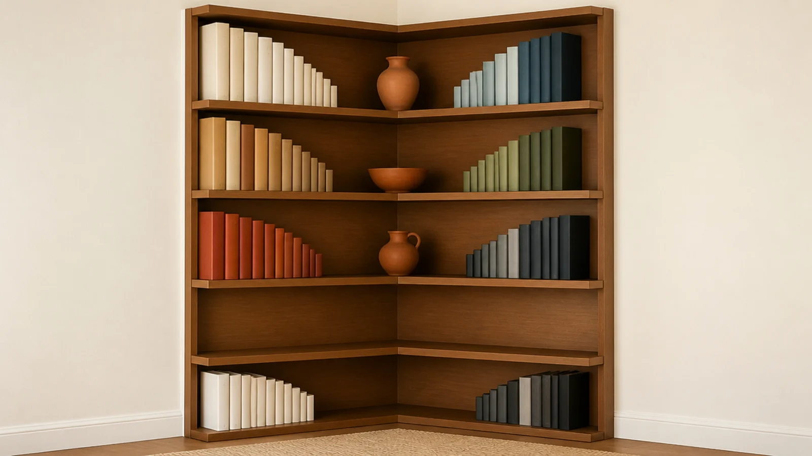 corner bookshelf edited from packed shelves to a calm curated display