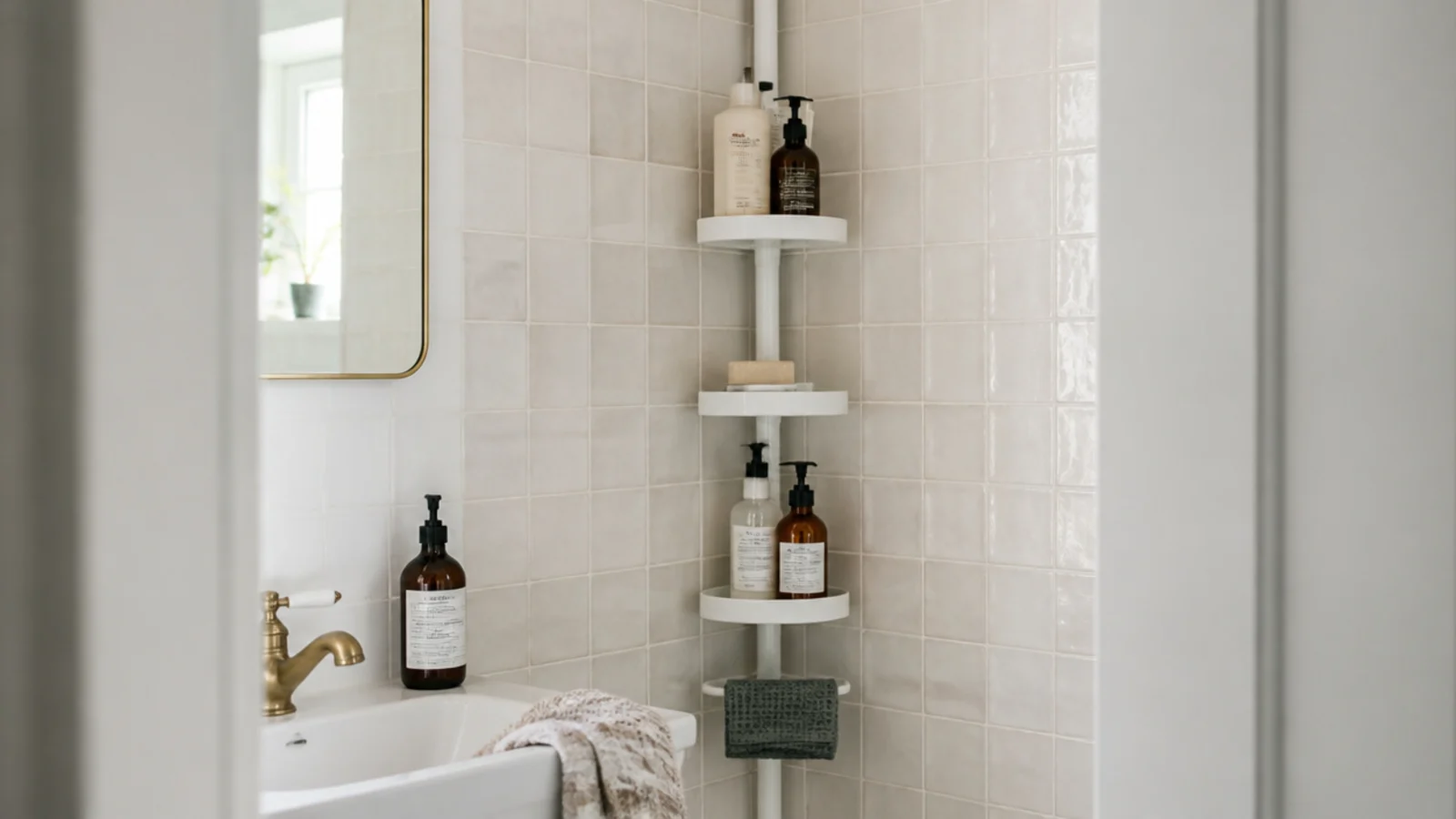 rental bathroom corner fitted with a tension pole caddy holding bottles