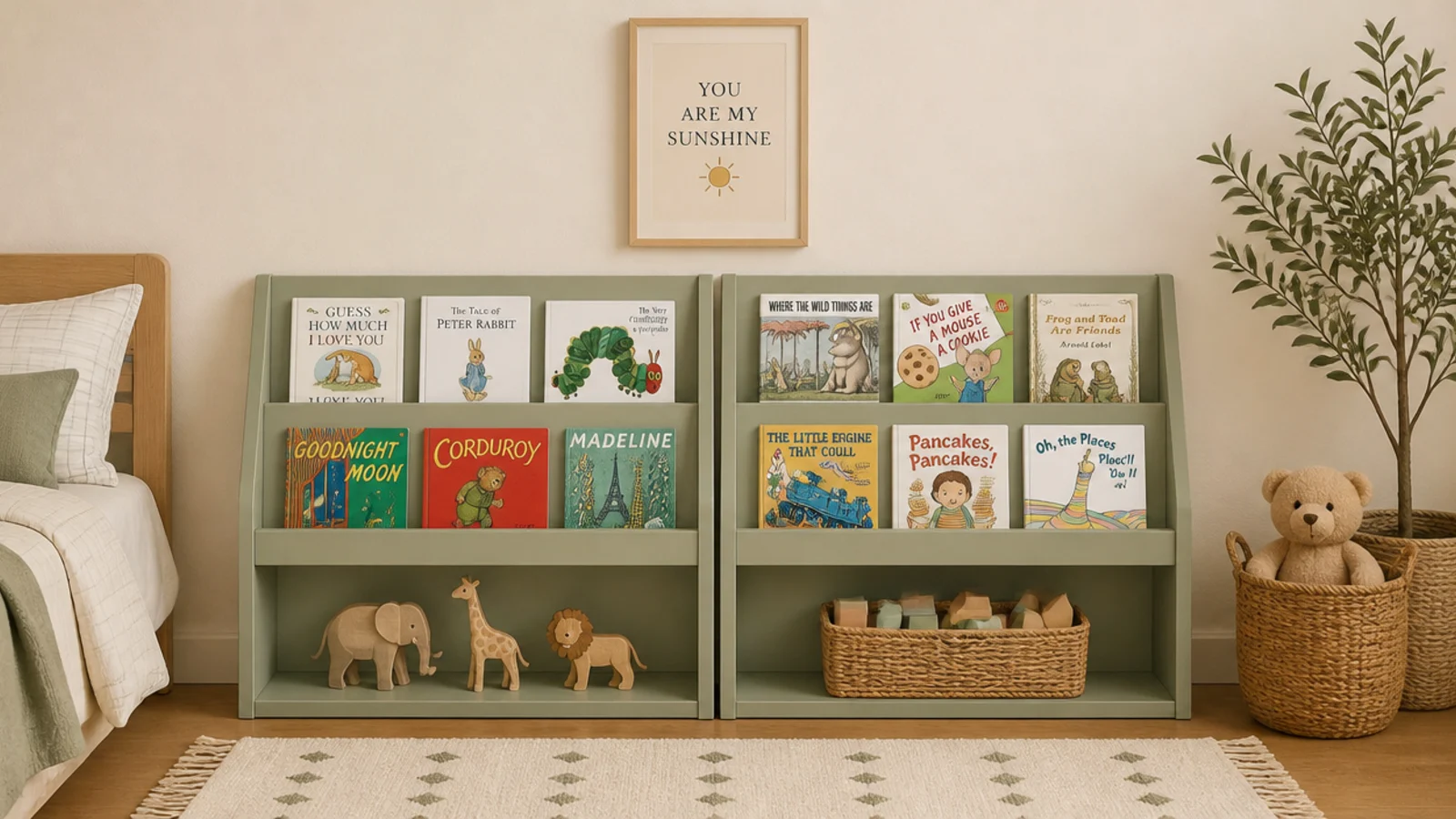 low sage corner shelves in a child room at reachable child height