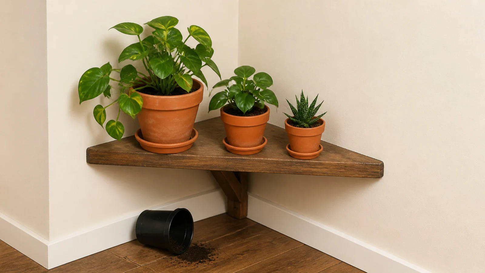 plants repotted from black plastic into plain terracotta on shelves