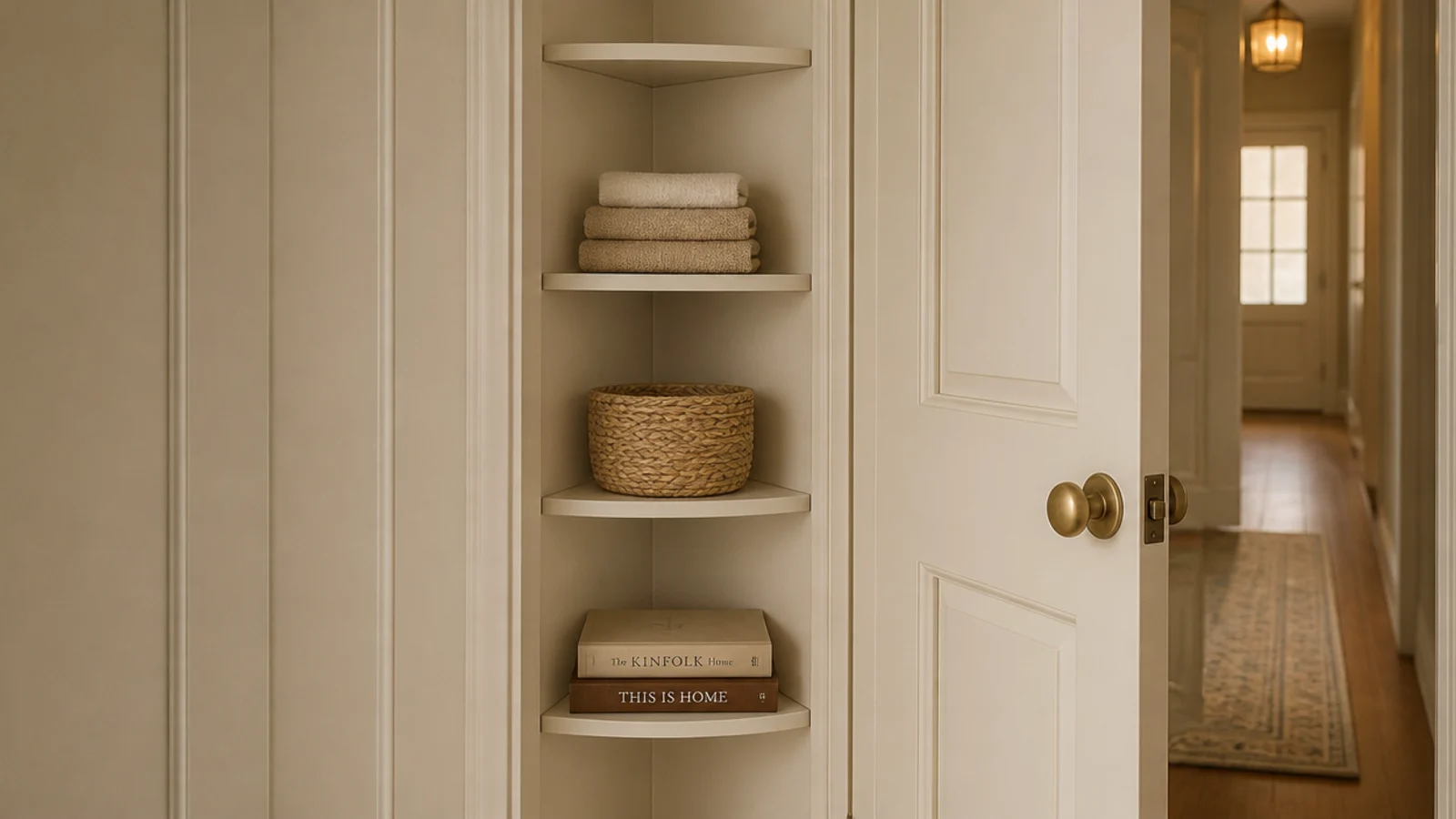 shallow corner shelves fitted behind an open door holding linens