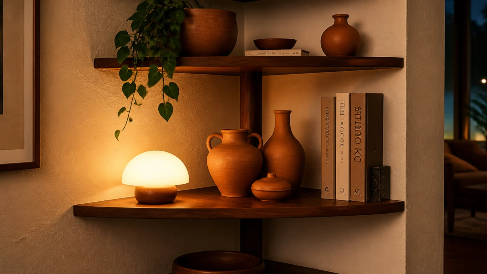 warm 2700k light making terracotta and walnut read warm on a shelf