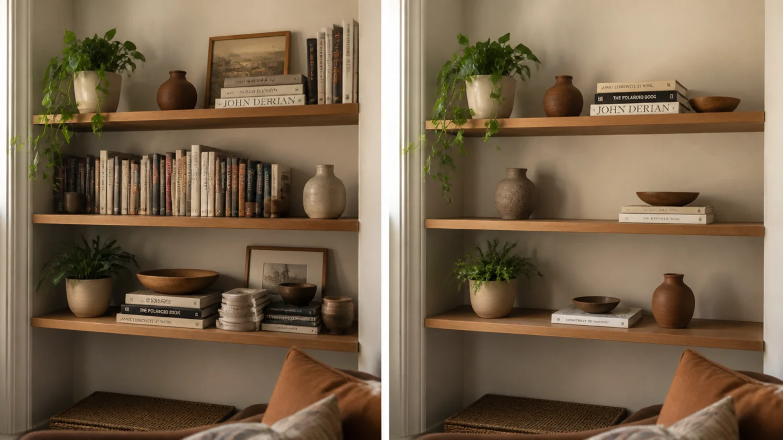 corner shelves before and after showing a cluttered corner restyled calmly