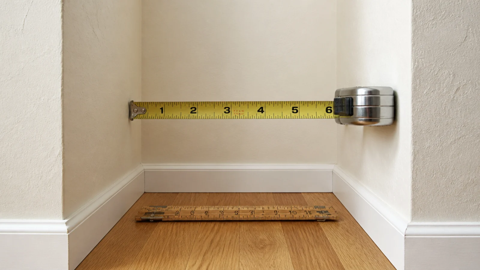 tape measure showing a six inch shelf depth against a narrow walkway