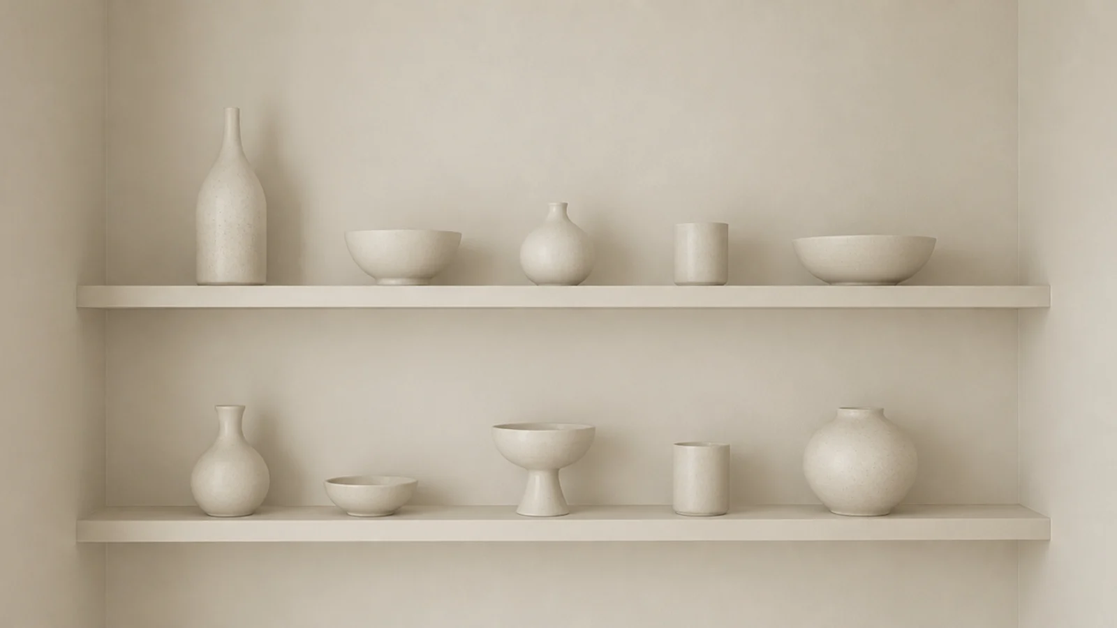 corner shelves painted cream matching the wall and visually receding