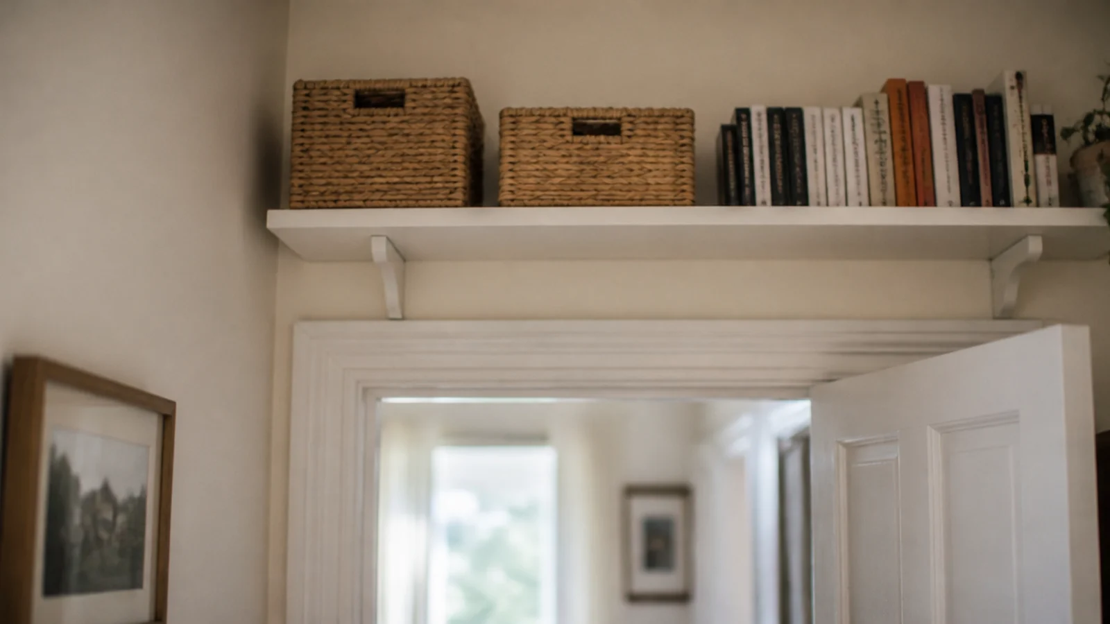 shelf mounted above a doorway corner holding baskets and books