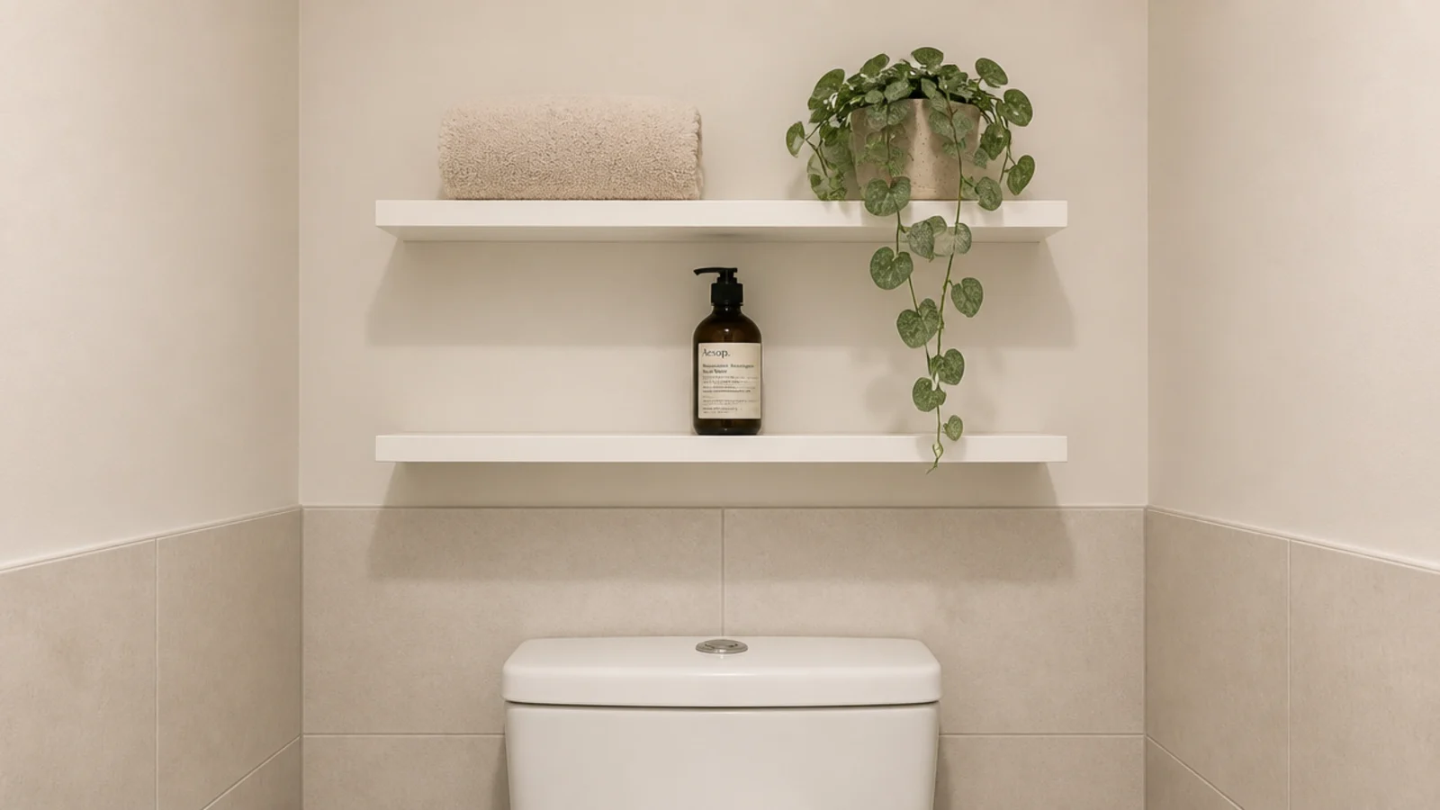 two slim corner shelves above a toilet holding towels and a plant