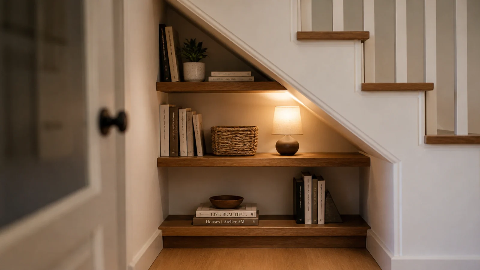 stepped corner shelves following the underside of a staircase