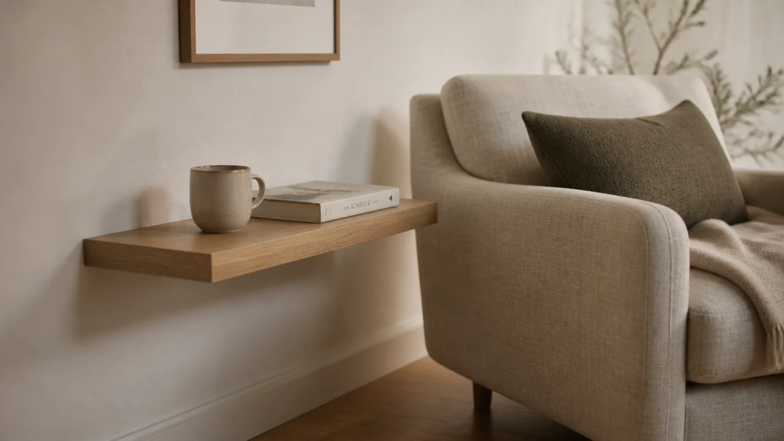 floating corner shelf beside an armchair replacing a side table
