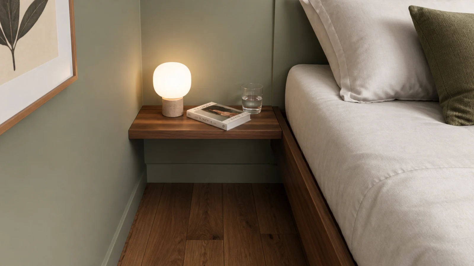 small corner shelf at mattress height replacing a bedside table