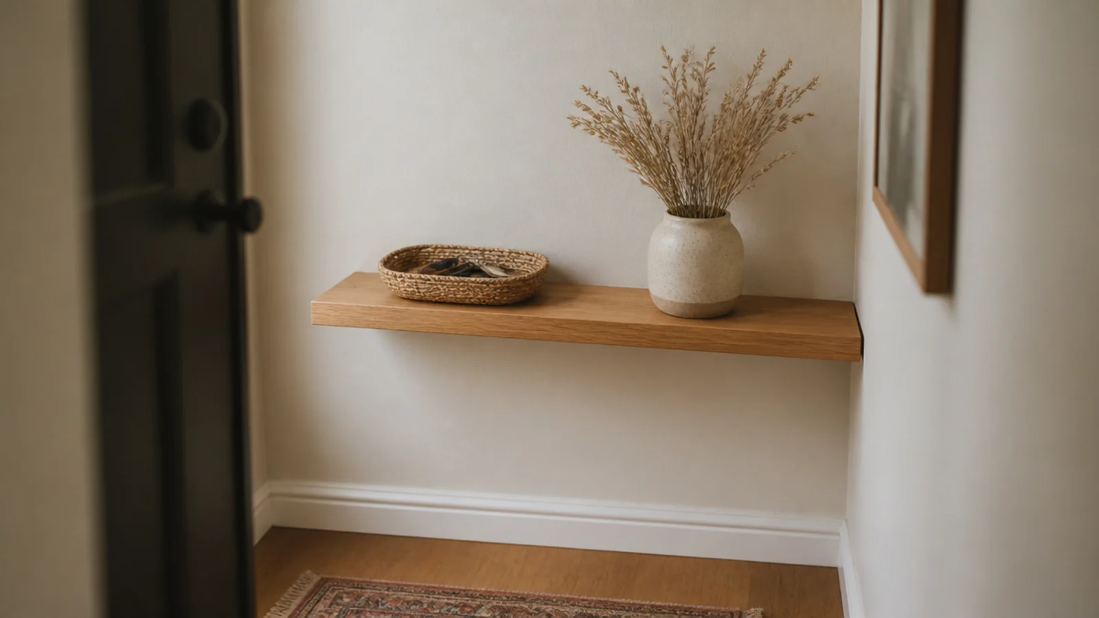 narrow corner shelf by a front door holding a tray and keys