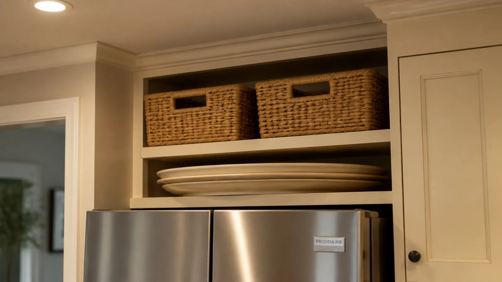 shelf fitted into the corner gap above a refrigerator holding baskets